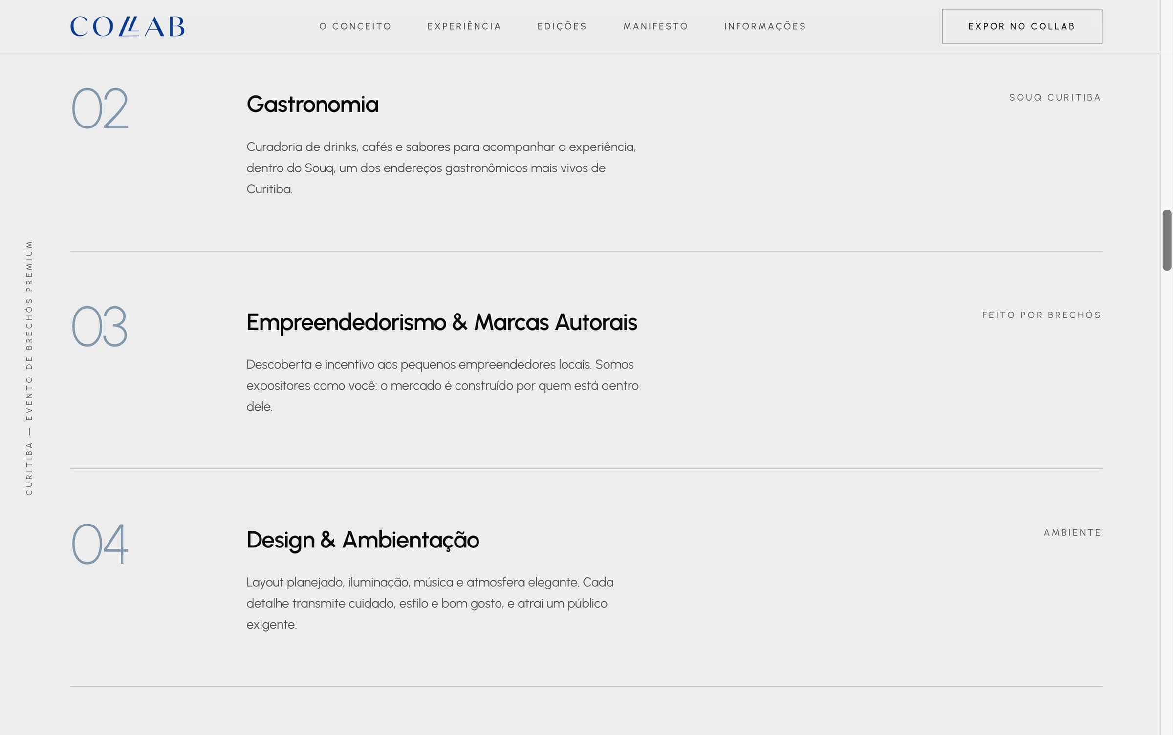 Lista dos pilares do evento: gastronomia, empreendedorismo e marcas autorais, design e ambientação.