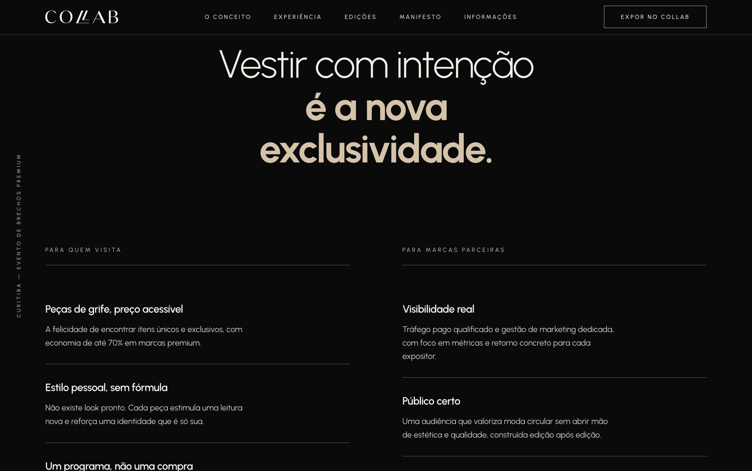Bloco escuro dividindo o conteúdo entre quem visita e marcas parceiras.